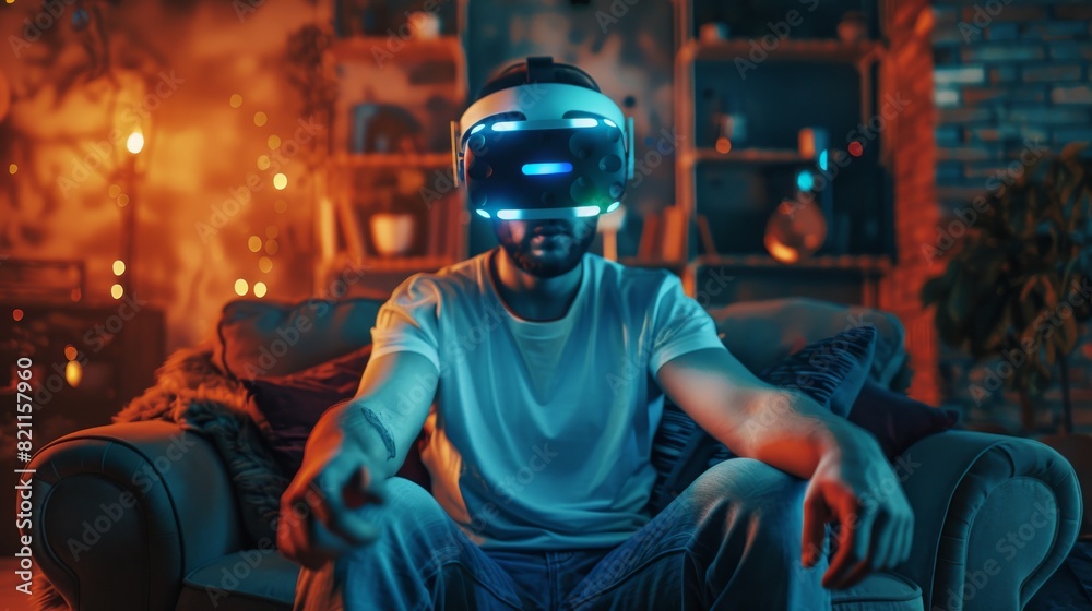 Gaming Concept: Gamer Wears Virtual Reality Headset and Enters Augmented Reality Action. He is Playing VR Games With Advanced Graphics and Interesting Gameplay. Gaming Concept: Gamer Wears Virtual Reality Headset and Enters Augmented Reality Action. He is Playing VR Games With Advanced Graphics and Interesting Gameplay.