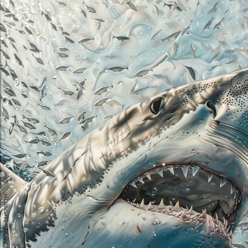 A painting of a shark with its mouth open and surrounded by fish