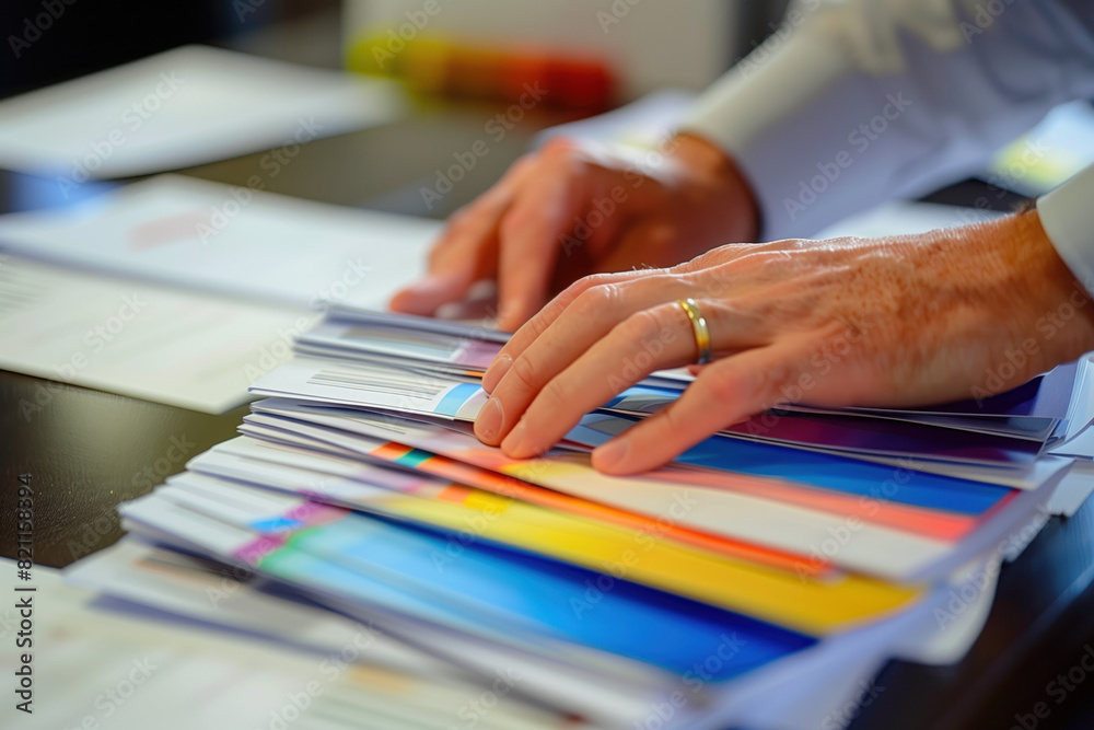 employee's hands organizing slides and documents for a presentation in a meeting room employee's hands organizing slides and documents for a presentation in a meeting room