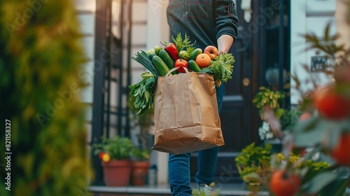 An employee of a grocery delivery company delivers a bag containing fresh vegetables and other food items to a residential area home. The young homeowner unwraps the package. photo