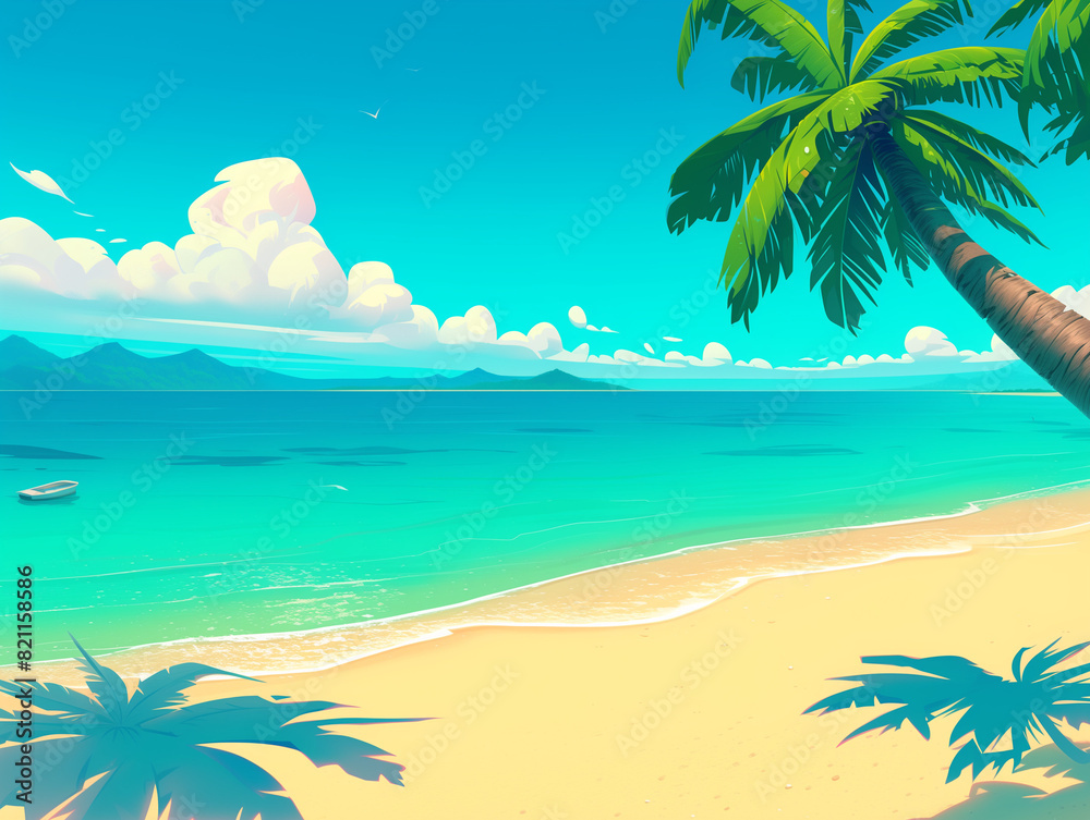 A tranquil tropical beach scene featuring a pristine sandy shore, clear turquoise waters, and a solitary boat floating nearby. Tall palm trees frame the foreground A tranquil tropical beach scene featuring a pristine sandy shore, clear turquoise waters, and a solitary boat floating nearby. Tall palm trees frame the foreground