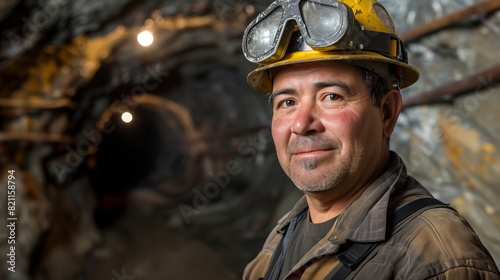 A portrait of a miner wearing a hard hat and goggles, smiling confidently while standing in a dimly lit underground tunnel