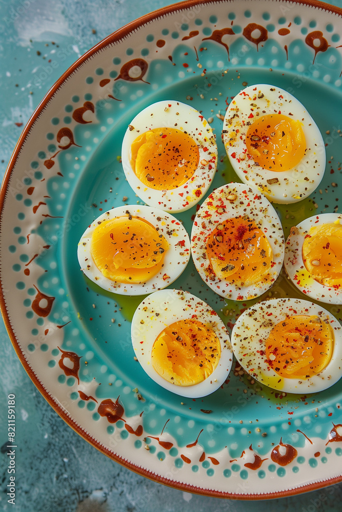 Boiled eggs with spices on the background teal