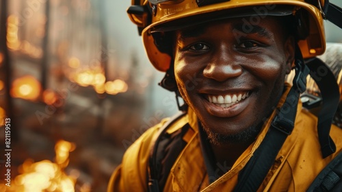 Professional Black Fireman Looking at Camera and Smiling in Safety Uniform. Closeup of a Handsome Young Adult Firefighter in Safety Uniform and Helmet Posing for Photograph during a Wildfire. photo