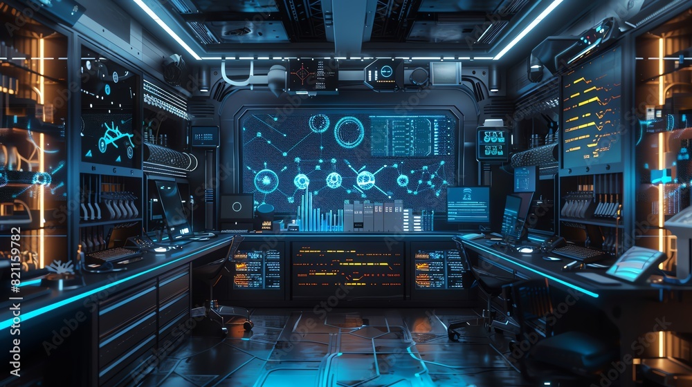 Fototapeta premium Design a stunning background featuring a biotechnology startup office with sleek, modern design and holographic displays