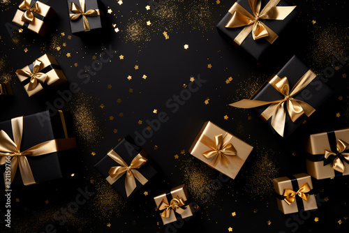 glamorous black and gold background with a small pile of wrapped gift boxes at one side seen from above for a birthday
