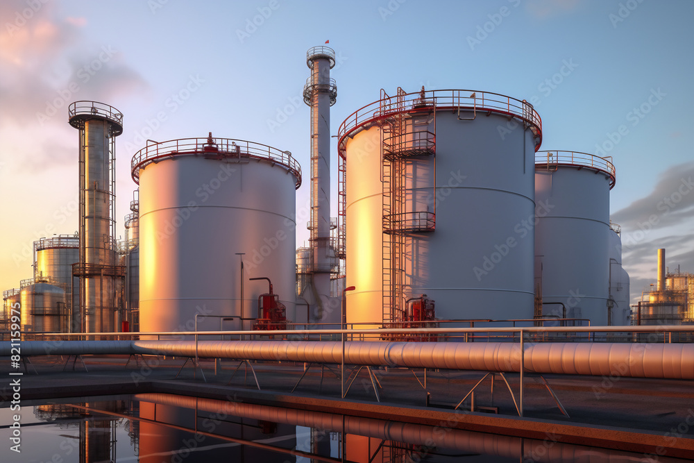 Medium shot of oil and gas terminal storage tanks of industrial plant or industrial refinery factor with a clear sky at sunset; the future of energy Medium shot of oil and gas terminal storage tanks of industrial plant or industrial refinery factor with a clear sky at sunset; the future of energy