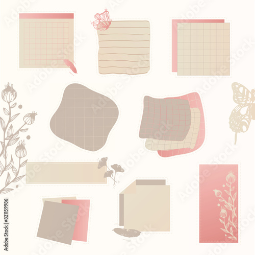 Set of note templates in pastel colors with doodle elements. Sheets, paper, notes, scribbles, plaid and ruler, butterflies and floral patterns by hand.