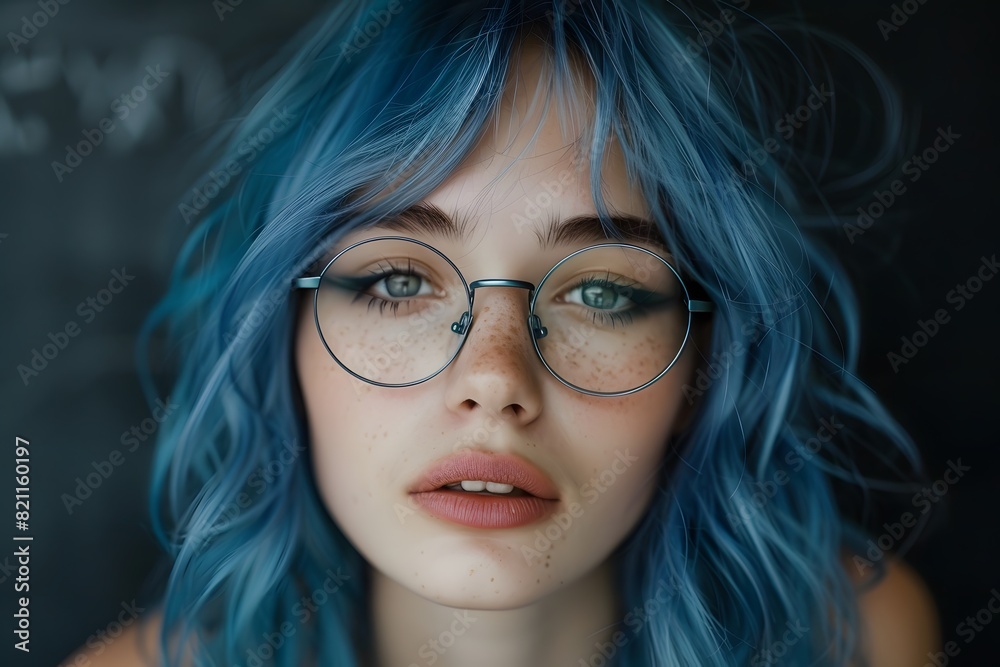 A woman with blue hair and glasses in close-up A woman with blue hair and glasses in close-up