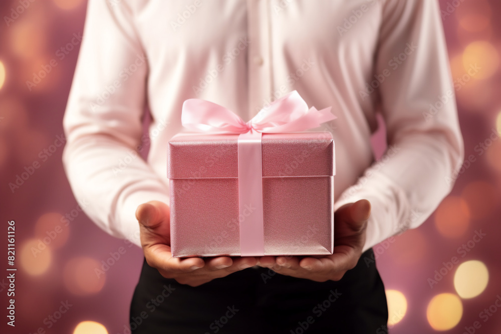 romantic pink background with male hands holding a wrapped gift box seen from a low angle for a birthday