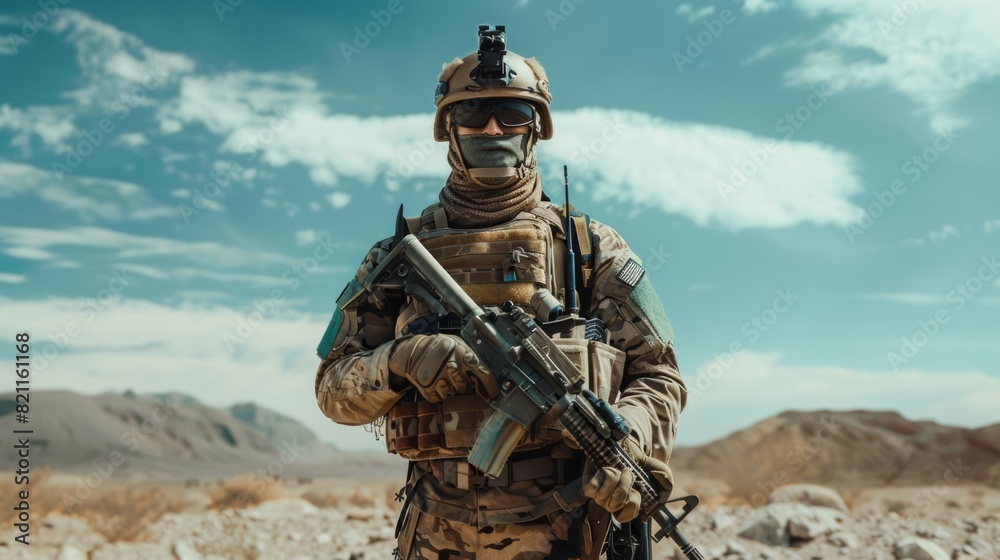 A fully equipped solder stands in the desert holding an assault rifle. A fully equipped solder stands in the desert holding an assault rifle.
