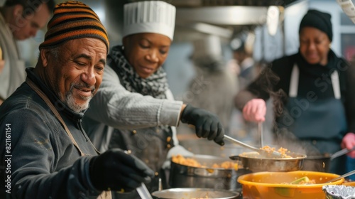 A man and woman volunteering at a local soup kitchen, serving steaming bowls of food to a line of people in need. The kitchen is clean and brightly lit, with a warm and welcoming atmosphere. Ample