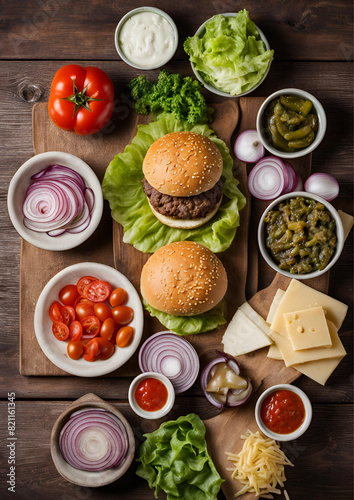 Top View of Fresh Burger Ingredients on a Wooden Table