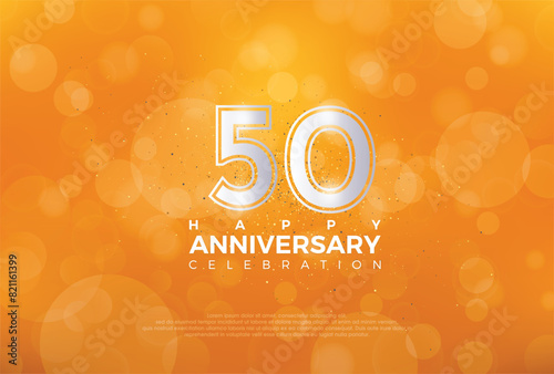 50th Anniversary celebration, 50 Anniversary celebration, Realistic 3d sign, Orange background, festive illustration, Silver number 50 sparkling Glitter, 50,51
