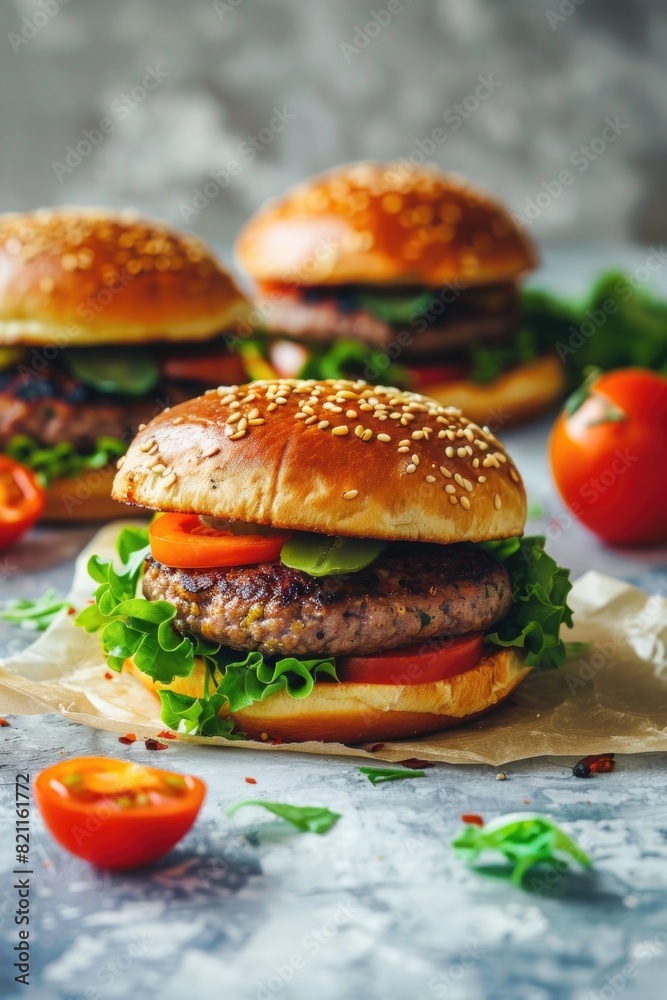 Fresh Gourmet Cheeseburger with Lettuce, Tomato, Onion, and Pickles on a Sesame Bun Fresh Gourmet Cheeseburger with Lettuce, Tomato, Onion, and Pickles on a Sesame Bun