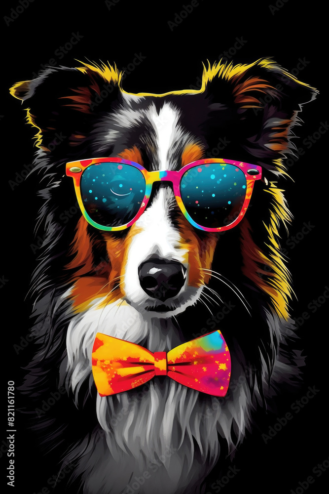 A stylish dog with sunglasses and a bow tie posing for the camera A stylish dog with sunglasses and a bow tie posing for the camera