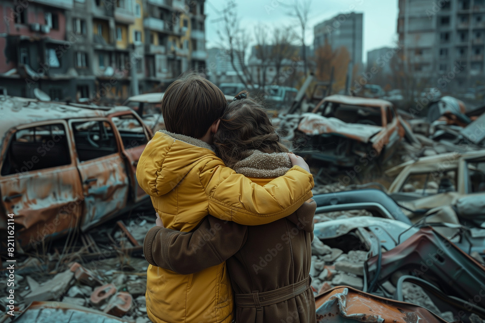 A young boy and girl hugging each other, standing in front of the ruins of buildings destroyed by war A young boy and girl hugging each other, standing in front of the ruins of buildings destroyed by war