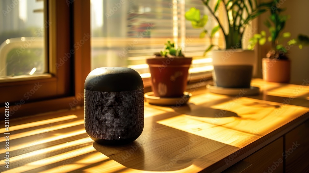 a black Alexa resting on a sideboard, captured through editorial photography in a cinematic style, enhanced by natural light and sun rays, set against the backdrop of white walls and wooden accents. a black Alexa resting on a sideboard, captured through editorial photography in a cinematic style, enhanced by natural light and sun rays, set against the backdrop of white walls and wooden accents.