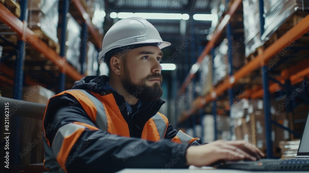 Close-up of a uniformed employee using his personal computer at his warehouse desk. Close-up of a uniformed employee using his personal computer at his warehouse desk.