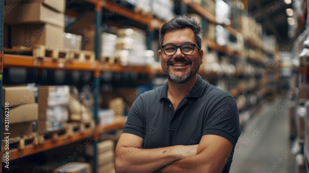 Smart Man Wearing Glasses Standing in front of Rows of Shelves Filled with Packing Boxes and Parcels Ready for Shipping. Handsome Warehouse Inventory Manager Smiling at Camera. Smart Man Wearing Glasses Standing in front of Rows of Shelves Filled with Packing Boxes and Parcels Ready for Shipping. Handsome Warehouse Inventory Manager Smiling at Camera.