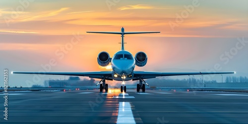 Sunset landing of a private jet on a runway. Concept Sunset, Private Jet, Runway Landing, Aviation, Transportation photo