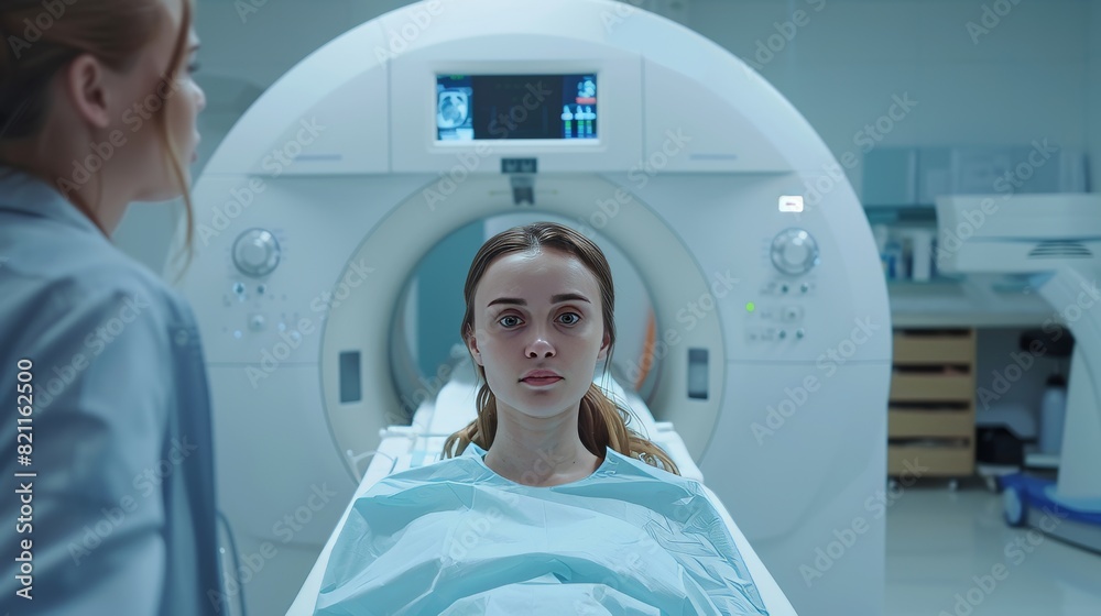 In a medical laboratory, a female radiologist supervises an MRI or CT scan on a female patient undergoing a procedure. The equipment used is high-tech and modern. In a medical laboratory, a female radiologist supervises an MRI or CT scan on a female patient undergoing a procedure. The equipment used is high-tech and modern.