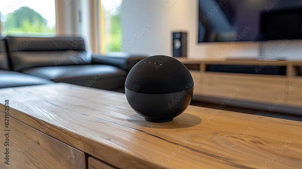 a black Alexa resting on a sideboard, captured through editorial photography in a cinematic style, enhanced by natural light and sun rays, set against the backdrop of white walls and wooden accents. a black Alexa resting on a sideboard, captured through editorial photography in a cinematic style, enhanced by natural light and sun rays, set against the backdrop of white walls and wooden accents.