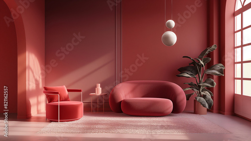 3d rendering  room Pantone Color trend    stylish    color  blocking  simplicity   with space  area    monochrome flat  red color   furnitures  3d Rendering  mock-up 