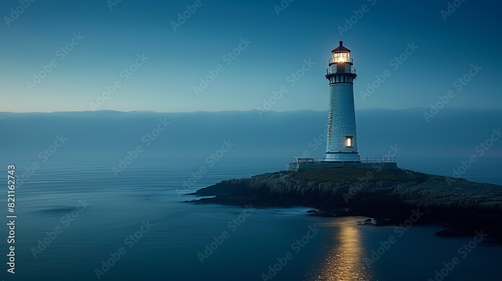 Award Winning National Geographic rule of thirds, photograph of a lone lighthouse at twilight, minimalist, plain coastal blue background, ultra realistic photo, centered in frame T Award Winning National Geographic rule of thirds, photograph of a lone lighthouse at twilight, minimalist, plain coastal blue background, ultra realistic photo, centered in frame T