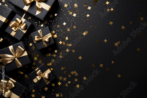 romantic black and gold background with a small pile of wrapped gift boxes at one side seen from above for a birthday photo