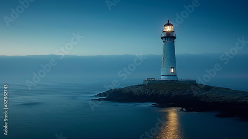 Award Winning National Geographic rule of thirds  photograph of a lone lighthouse at twilight  minimalist  plain coastal blue background  ultra realistic photo  centered in frame T