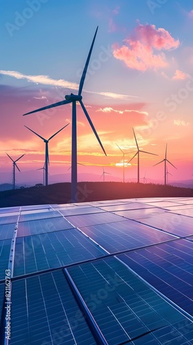 Clean energy concept, photovoltaic panels and wind turbines in the light of the rising sun, sunseys