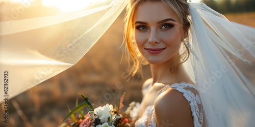 A stunning bride poses with a bouquet in rural fields during sunset, showcasing her elegant dress and veil photo