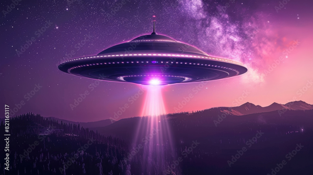 A futuristic alien spaceship hovers above a rugged mountain range under a dark purple sky, emitting a faint glow as it traverses the terrain A futuristic alien spaceship hovers above a rugged mountain range under a dark purple sky, emitting a faint glow as it traverses the terrain
