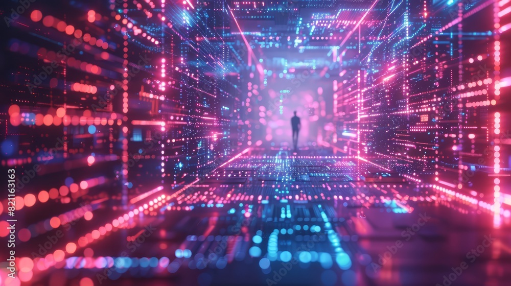 Fototapeta premium A man is walking through a brightly lit, neon colored tunnel