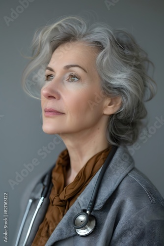 A close up of a woman with a stethoscope on her neck photo