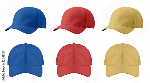 Set of blue, red, yellow, baseball caps, transparent background cutout, PNG file. Mockup template for artwork graphic design