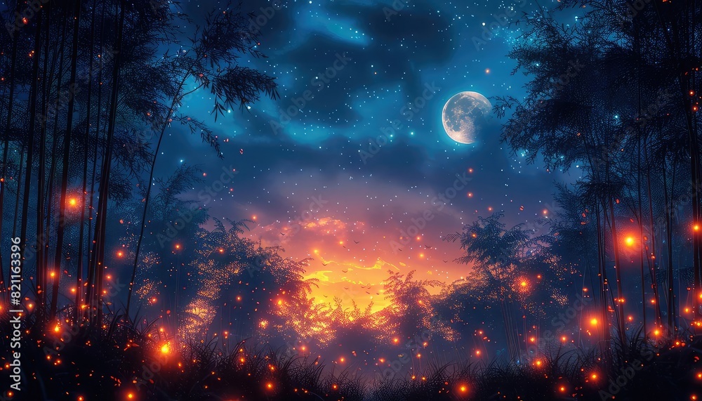 Bamboo Forest with fireflies at dusk flat design top view magical twilight theme animation Complementary Color Scheme Bamboo Forest with fireflies at dusk flat design top view magical twilight theme animation Complementary Color Scheme