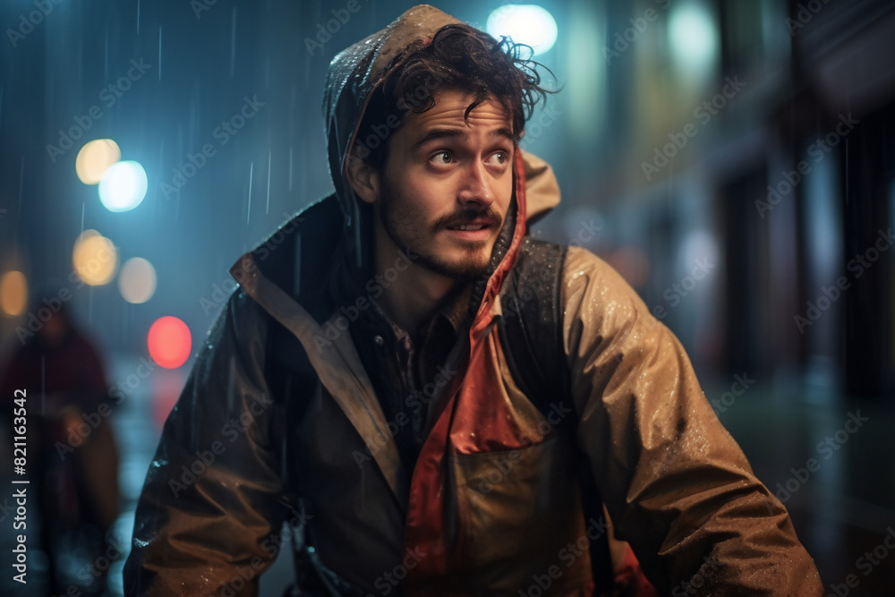A beautiful young adult of Mongolian hipster man riding his bicycle to work, a frontside portrait of a guy commuting on a bicycle on a rainy day in an urban street at midnight A beautiful young adult of Mongolian hipster man riding his bicycle to work, a frontside portrait of a guy commuting on a bicycle on a rainy day in an urban street at midnight
