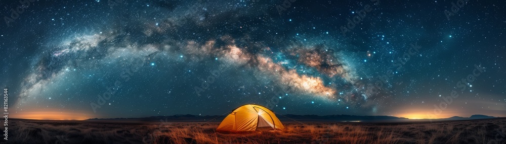 A yellow tent is set up in a field of stars