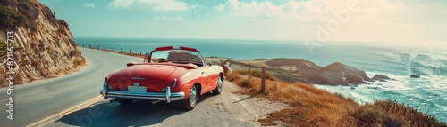 A red convertible is driving down a road near the ocean