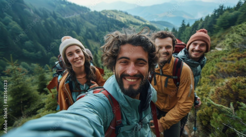 A group of four people are smiling and posing for a picture on a mountain A group of four people are smiling and posing for a picture on a mountain