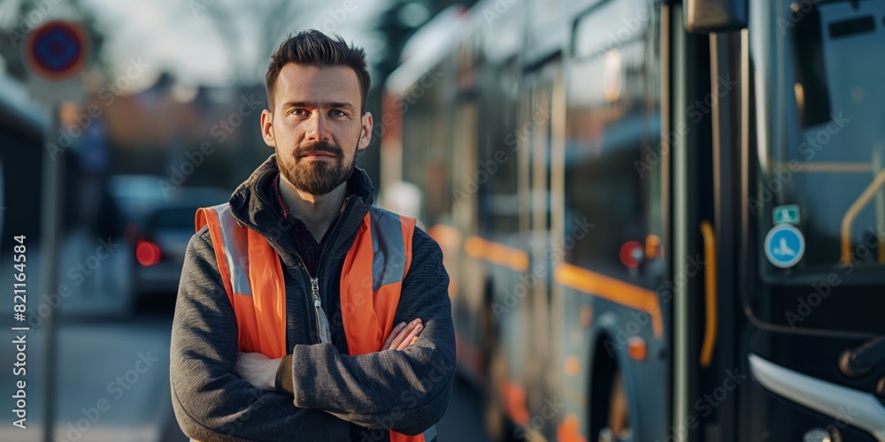 A bus service worker in a high visibility vest confidently poses with arms crossed in front of a bus during daytime A bus service worker in a high visibility vest confidently poses with arms crossed in front of a bus during daytime