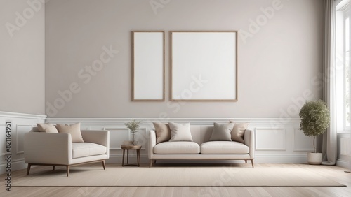 minimalist living room with mockup frame  neutral color interior design
