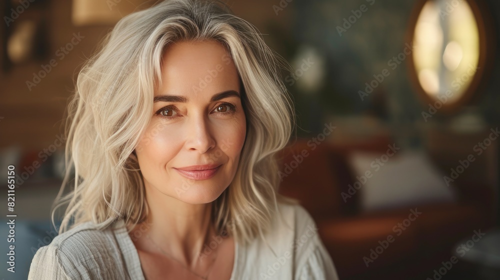 Middle-aged woman with joyful expression at home
