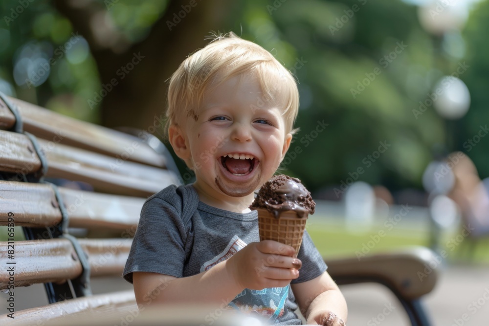 Joyful Toddler Boy Enjoying Chocolate Ice Cream in Sunlit Park