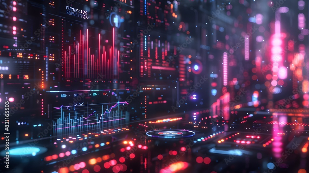 Business growth chart with futuristic holographic interface, cyberpunk, bright neon