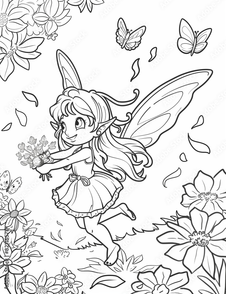 Fototapeta premium Coloring book page featuring a chibi-style flower fairy girl, dancing among blooming flowers with delicate, petal-like wings and a dress made of petals, smiling joyfully, surrounded by butterflies. 