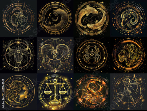 A collection of 12 intricate zodiac signs illustrated in gold on a black background. Each sign is represented within a circular, detailed celestial design in cyberpunk style