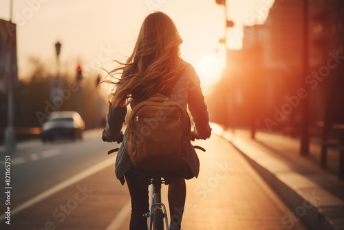 A beautiful young adult of Caucasian hipster woman riding her bicycle to work, a backside portrait of a woman commuting on a bicycle on a sunny day in an urban street at sunset photo